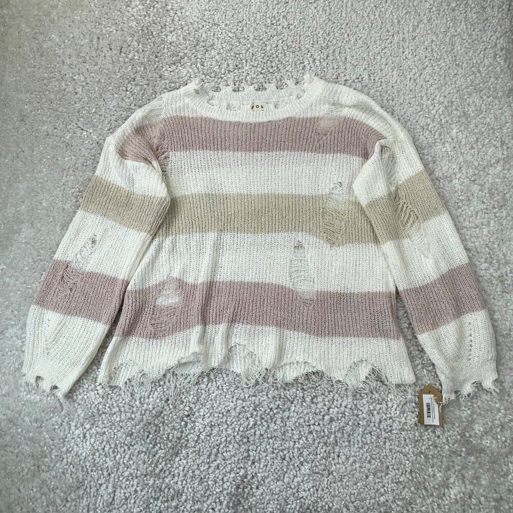 POL White Multi Stripe Distressed Sweater Womens Small NEW